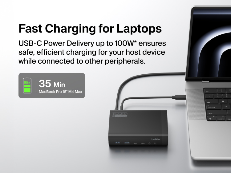 Universal 14-Port Dual Display USB-C Dock providing high power delivery to charge a connected laptop quickly