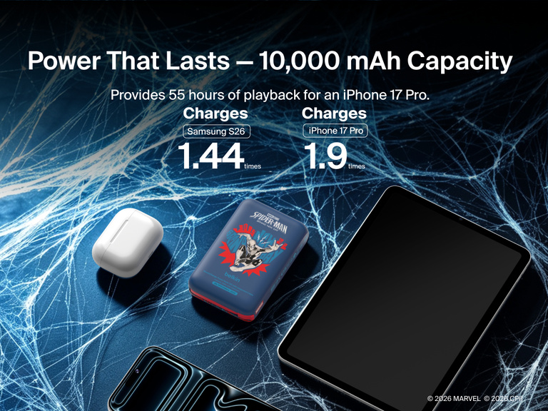 Belkin BoostCharge Power Bank 10K with Integrated Cable providing up to 10,000mAh capacity and extended battery life for smartphones and wireless earbuds.