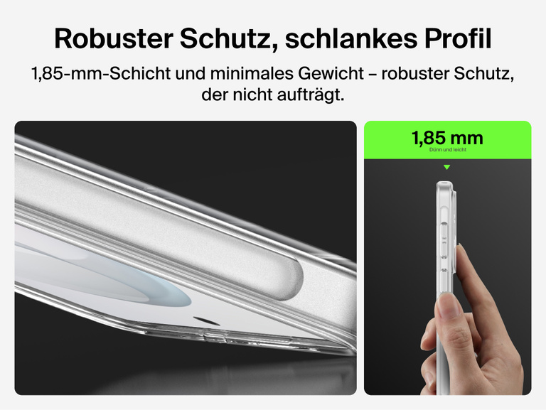 Belkin SheerForce Clear Series Case for Samsung Galaxy S26 shown in side profile, highlighting a slim 1.85 mm design that adds minimal thickness while delivering durable, everyday phone protection.