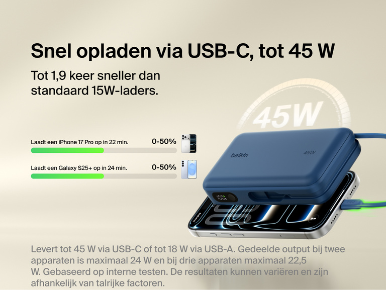 Belkin UltraCharge 20K 45W power bank with integrated USB-C cable delivering fast charging performance with digital display and multi-device compatibility