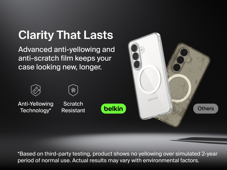 Belkin SheerForce Clear Series Case for Samsung Galaxy S26 shown alongside a comparison case, highlighting long-lasting clarity with anti-yellowing technology and scratch-resistant protection for everyday use.