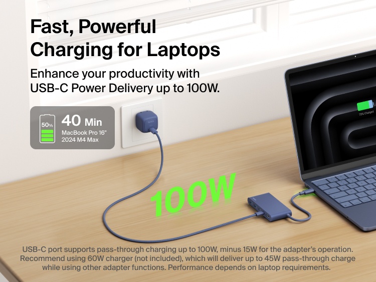 Belkin Connect 5-Port USB-C Hub with Dual USB-C Ports delivers fast laptop charging with up to 100W USB-C Power Delivery.