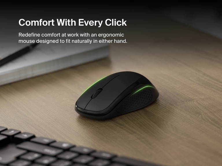 A close-up of the Belkin Connect ergonomic wireless mouse with green accent lighting is shown on a wooden desk, designed for comfortable use in either hand.