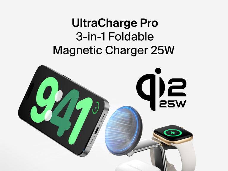 Belkin UltraCharge Pro 3-in-1 Magnetic Charging Dock with Qi2 25W wirelessly charges iPhone, Apple Watch, and AirPods simultaneously with fast-charging support.
