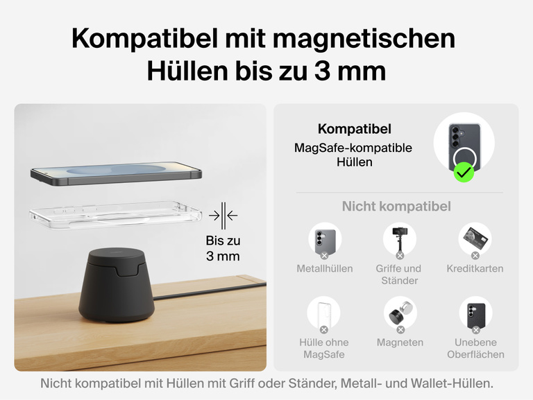Die Kompatibilit&auml;t der Belkin UltraCharge modularen Ladestation mit Qi2 25W mit magnetischen H&uuml;llen bis zu 3&nbsp;mm und die optimierte Ausrichtung zum zuverl&auml;ssigen kabellosen Laden werden veranschaulicht. Es wird gezeigt, dass Wallet-H&uuml;llen und H&uuml;llen aus Metall sind nicht kompatibel sind.
