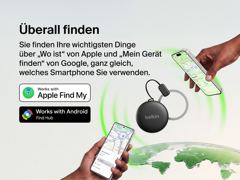Belkin SureFind Spot funktioniert mit &bdquo;Wo ist&ldquo; von Apple und &bdquo;Mein Ger&auml;t finden&ldquo; von Google, um Dinge zu orten, die mit iPhone- und Android-Ger&auml;ten kompatibel sind.