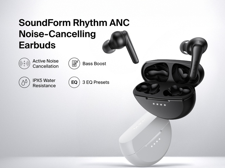 Image of Belkin SoundForm Rhythm ANC Noise-Cancelling Earbuds in black and white with charging cases, featuring Active Noise Cancellation, Bass Boost, IPX5 water resistance, and 3 EQ presets.