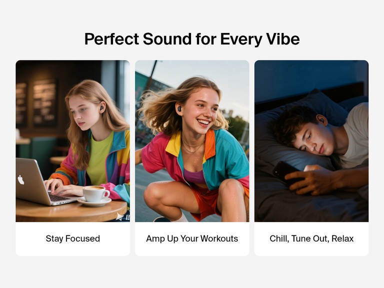 Belkin SoundForm Anywhere Wireless Earbuds shown for focus, workouts, and relaxation with perfect sound for every vibe.