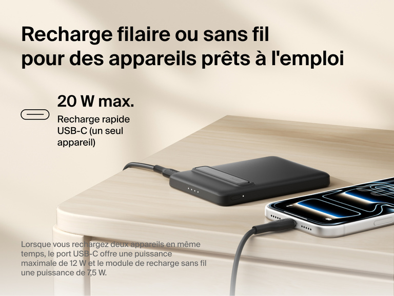 Belkin BoostCharge Slim Magnetic Power Bank 5K with Qi2 shown delivering wired USB-C fast charging and wireless charging for reliable, on-the-go power in a compact portable design.