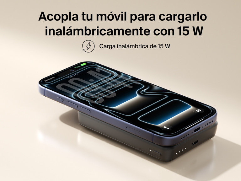 Slim Magnetic Power Bank 10K with Qi2 magnetically attached beneath smartphone demonstrating wireless charging connection