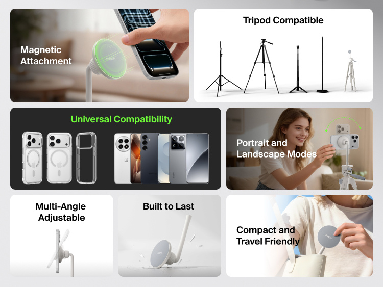 A promotional collage showcases features of the Belkin Stage Magnetic Phone Tripod Mount. Panels include: a phone snapping onto the mount via magnetic attachment; universal compatibility with various smartphones; a side view demonstrating multi-angle adjustability; the mount shown as durable and built to last; compatibility with different tripod styles; a woman rotating her phone on the mount to switch between portrait and landscape modes; and a close-up of the compact mount being placed into a small bag, emphasizing travel-friendly design.