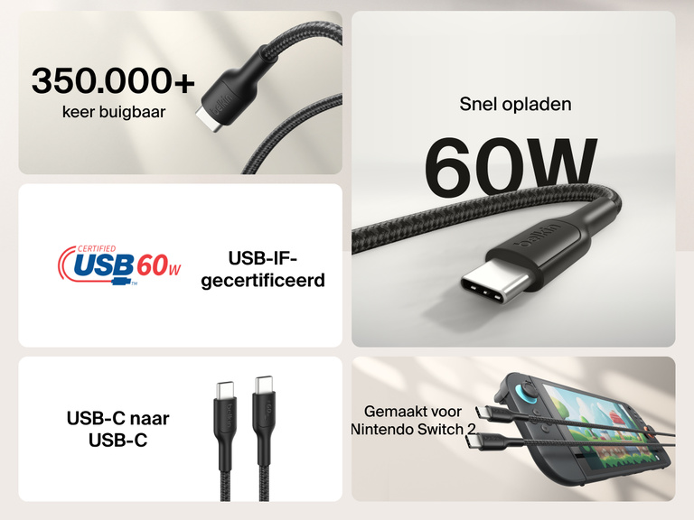 De Belkin Gaming 60 W USB-C/USB-C-kabel laadt de Nintendo Switch 2 snel op. Hij is bestand tegen meer dan 350.000 keer buigen en is USB-IF-gecertificeerd.