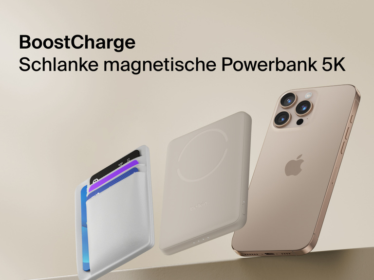 Belkin BoostCharge Slim Magnetic Power Bank 5K shown magnetically attached to a smartphone beside a slim wallet accessory, highlighting its compact portable charging design.