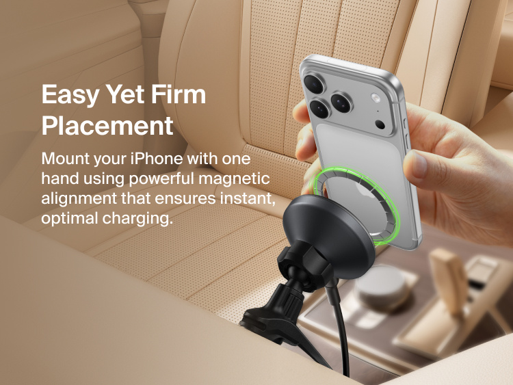 Belkin BoostCharge Magnetic Wireless Charging Car Vent Mount shown aligning and securing an iPhone with one-hand magnetic placement for instant, optimized charging.