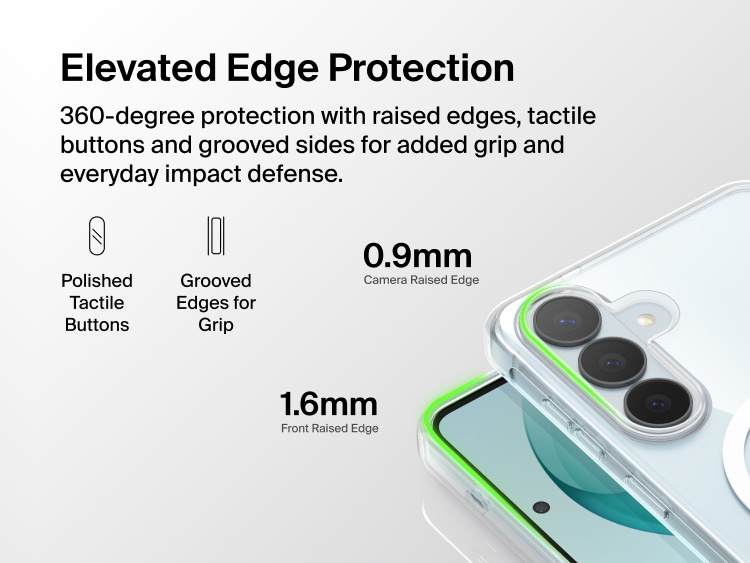 Belkin SheerForce Clear Series Case for Samsung Galaxy S26 shown with elevated edge protection, featuring raised front and camera edges, tactile buttons, and grooved sides for enhanced grip and impact protection.