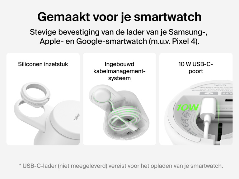 Afbeelding van een UltraCharge modulair laadstation met Qi2 25W waarop de siliconen smartwatch-houder, het ingebouwde kabelmanagementsysteem en  een 10 W USB-C-poort voor flexibel opladen met compatibele Apple-, Google- en Samsung-smartwatch-laders benadrukt worden.