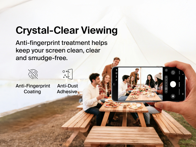 Belkin ScreenForce Titan EcoGuard Red Light Screen Protector for Samsung Galaxy S26 delivering crystal-clear viewing with anti-fingerprint coating and anti-dust adhesive to keep the display clean, clear, and responsive.