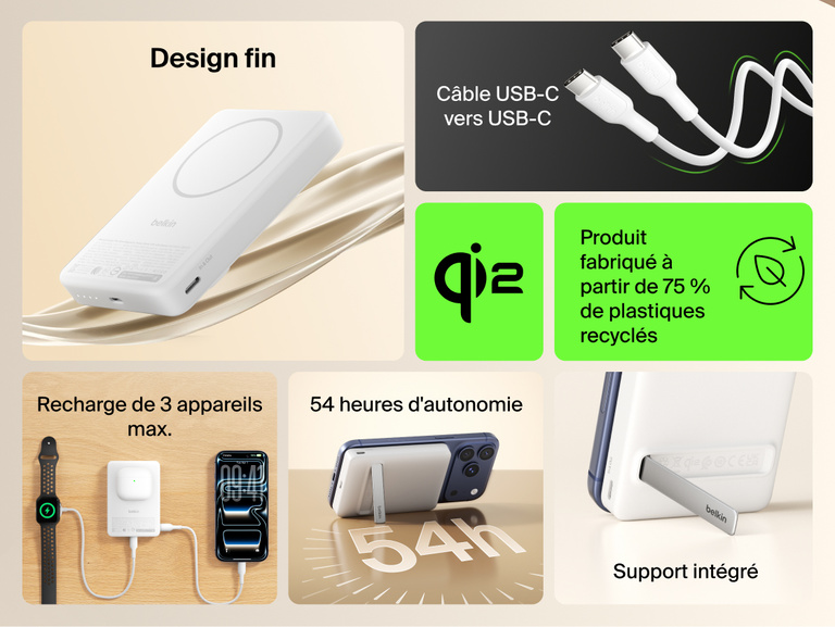 Slim Magnetic Power Bank 10K with Qi2 highlighting slim profile, kickstand support, multi-device charging, and included USB-C cable