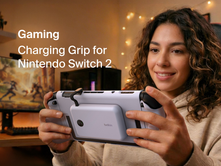 Belkin Gaming Charging Grip for Nintendo Switch 2 with magnetic power bank attachment, ergonomic grips, LED battery display, dock compatibility, and detachable Joy-Con support.