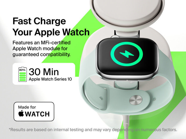 Belkin UltraCharge Pro 3-in-1 Magnetic Charging Dock with Qi2 25W features fast charging for Apple Watch Series 10, reaching 80% in 30 minutes with MFi-certified compatibility.
