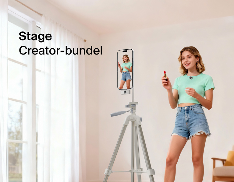 Image showing a person using the Belkin Stage Creator Kit with smartphone mounted on a motorized stand and tripod, demonstrating hands-free video recording for content creation in a home setting.