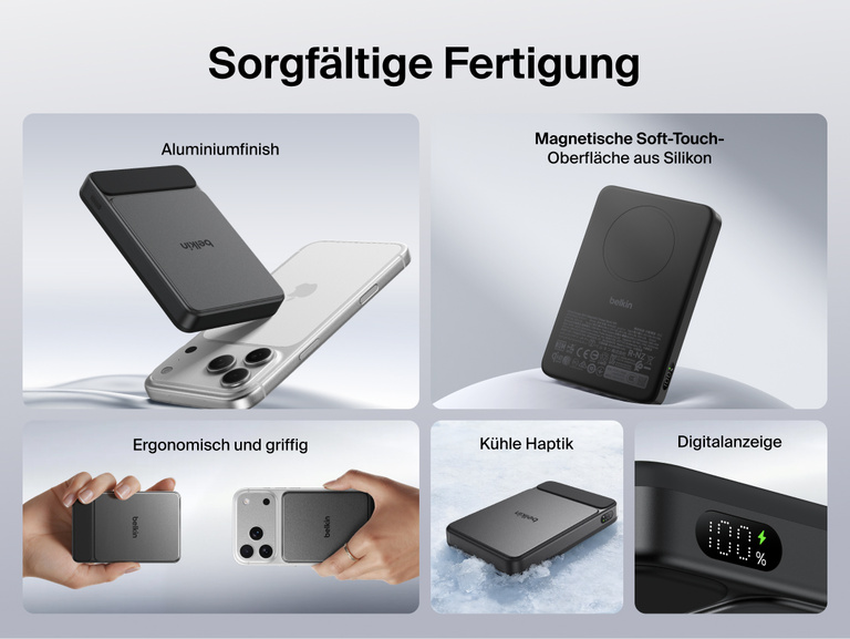 Belkin UltraCharge Slim Magnetic Power Bank 10K demonstrating 25W fast magnetic wireless charging with up to 2x faster performance and rapid iPhone charging times displayed