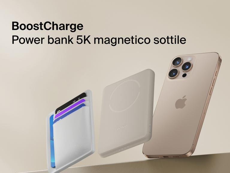 Belkin BoostCharge Slim Magnetic Power Bank 5K shown magnetically attached to a smartphone beside a slim wallet accessory, highlighting its compact portable charging design.