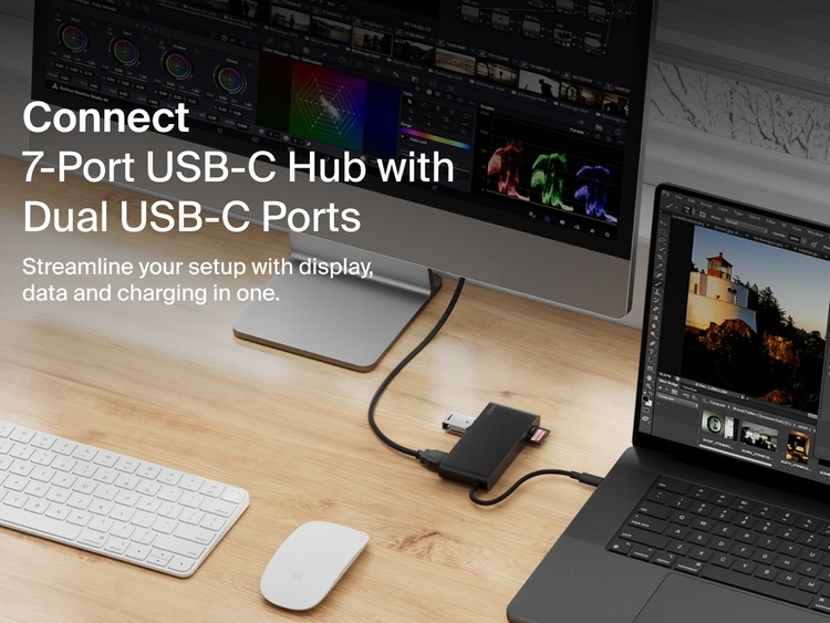Belkin Connect 7-Port USB-C Hub with Dual USB-C Ports connected to a laptop and monitor on a desk setup.