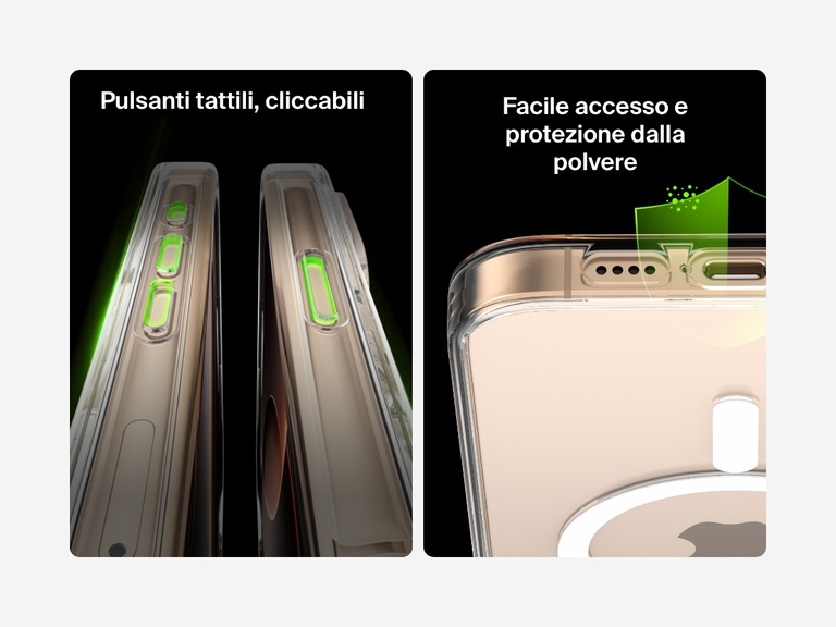 A dual-image showcase of the SheerForce™ Magnetic iPhone Case’s tactile, clickable buttons and dust-proof protection. The left image highlights the precisely designed buttons that offer a responsive and comfortable press. The right image focuses on the dust-resistant port cutouts, ensuring easy access while protecting against dirt and debris buildup.