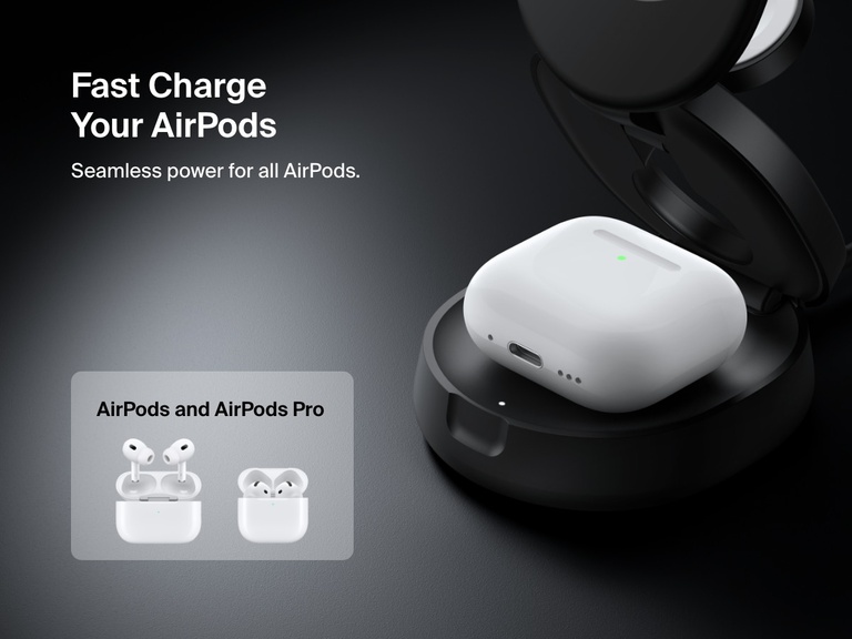 Belkin BoostCharge 3-in-1 Compact Magnetic Charging Stand shown wirelessly charging AirPods, with seamless power support for all AirPods and AirPods Pro models.