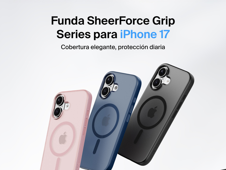 Belkin SheerForce Grip Series protective case for iPhone 17 shown in pink, clear, and black with slim design and MagSafe compatibility.