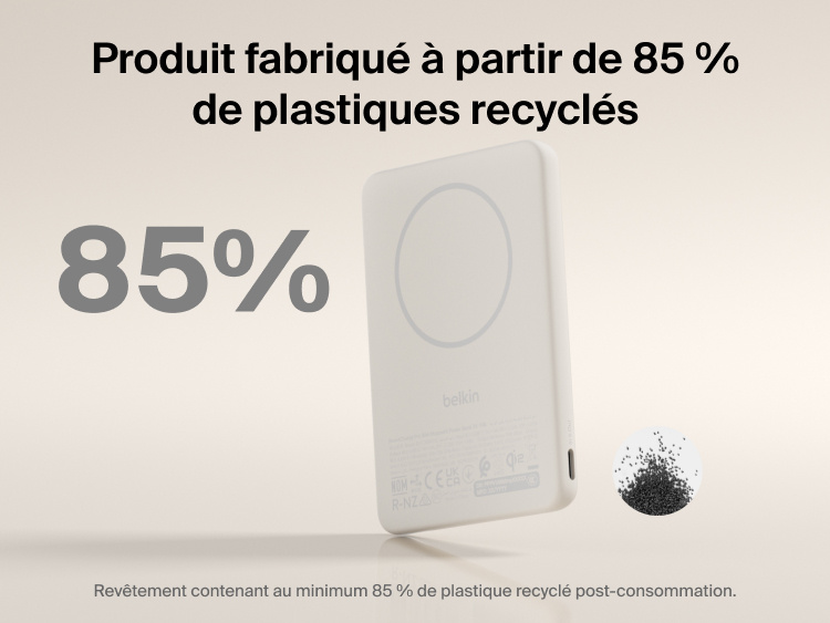 Belkin BoostCharge Slim Magnetic Power Bank 5K with Qi2 shown made with at least 85 percent post-consumer recycled plastic for a more sustainable portable charging solution.