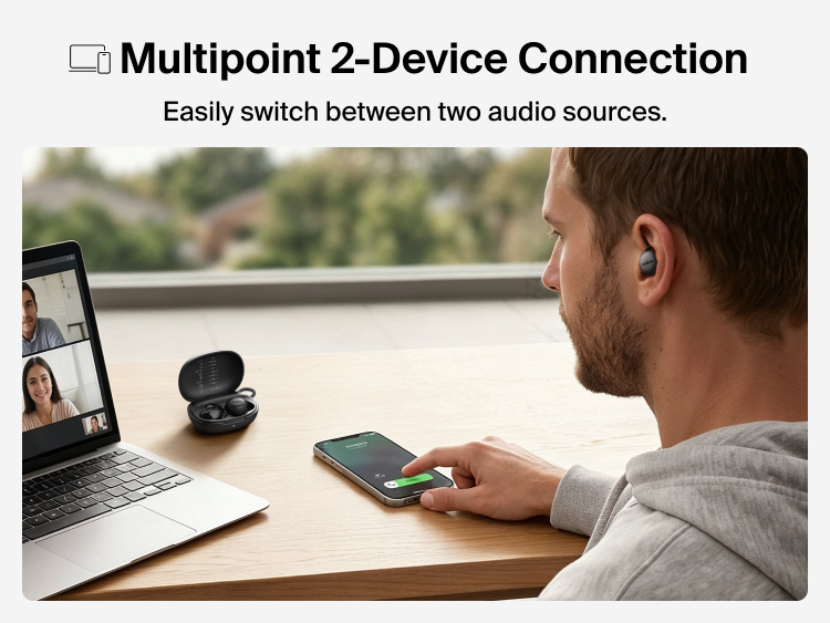 SoundForm Isolate Buds ANC worn at a desk while switching audio between a laptop video call and a smartphone, demonstrating multipoint 2-device connection