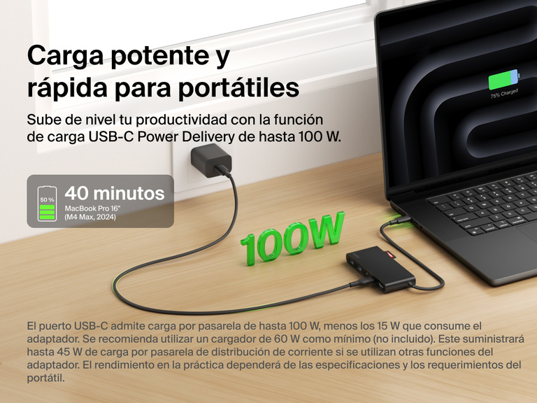 Belkin Connect 7-Port USB-C Hub with Dual USB-C Ports providing up to 100W USB-C Power Delivery for laptop charging.