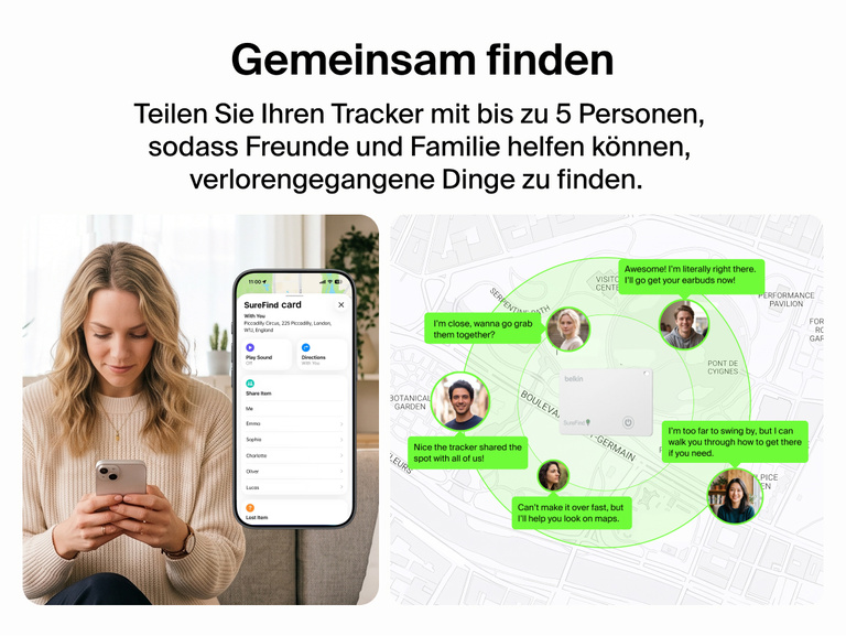 Die Funktion der Belkin SureFind Karte, die es erm&ouml;glicht, dass bis zu f&uuml;nf Freunde, Freundinnen oder Familienmitglieder beim Finden von vermissten verfolgten Gegenst&auml;nden mithilfe von Karten helfen k&ouml;nnen, wird gezeigt.