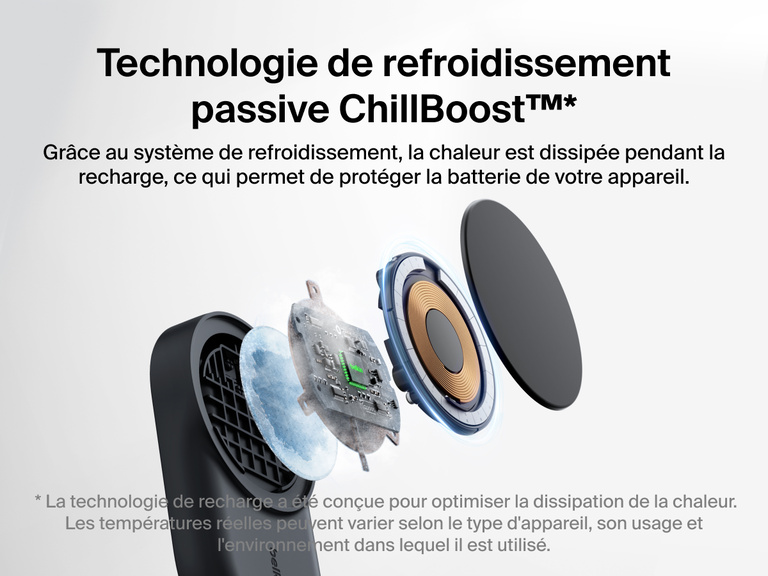 Socle de recharge 3-en-1 aimanté et pliable Belkin UltraCharge avec Qi2 (25 W) équipé de la technologie de refroidissement passive ChillBoost™ pour une dissipation de la chaleur et une protection de la batterie avancées.