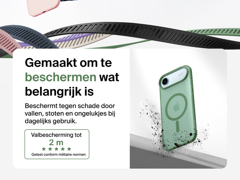 Belkin SheerForce Grip Series Case for iPhone 17 shown with textured grip and impact protection against drops.