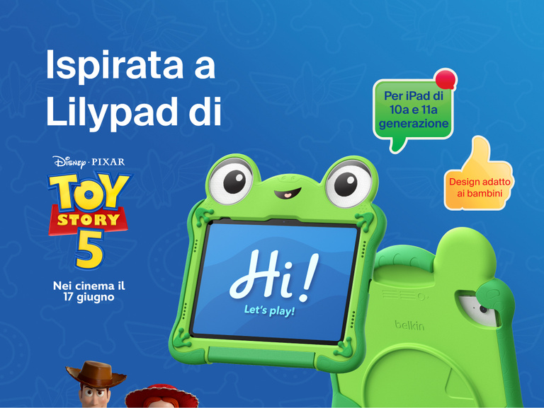 Disney Toy Story 5 Lilypad Case for iPad 10th and 11th Gen with frog-inspired design holding tablet displaying &ldquo;Hi! Let&rsquo;s play!&rdquo; and Toy Story 5 branding with kid-friendly design callout