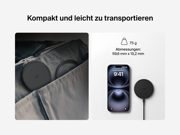 A black Belkin BoostCharge Wireless Charging Pad 15W is shown as a compact and travel-friendly device, fitting into a bag pocket, alongside its dimensions (59.6mm x 13.2mm or 2.4 in. x 0.5 in.) and weight (75g or 2.6 oz.), displayed next to an iPhone for scale.