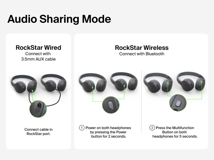 SoundForm Mini 2 Wireless On-Ear Headphones for Kids Audio Sharing Mode setup diagram showing RockStar Wired connection via 3.5mm AUX cable into the RockStar port, and RockStar Wireless pairing using the Power and Multifunction buttons on both headphones