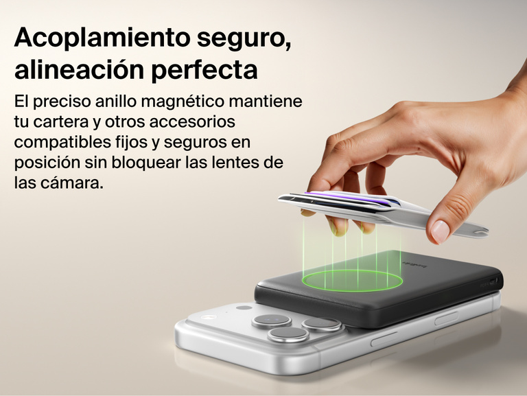 Belkin BoostCharge Slim Magnetic Power Bank 5K with Qi2 featuring a secure magnetic ring that aligns accessories and attaches firmly without obstructing the phone camera.
