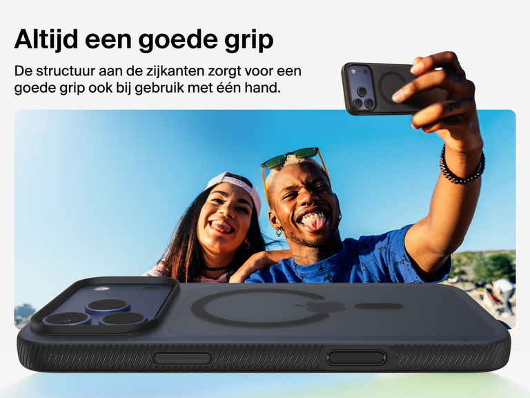 Belkin SheerForce Grip Series Case for iPhone 17 with military-grade drop protection and textured non-slip grip.