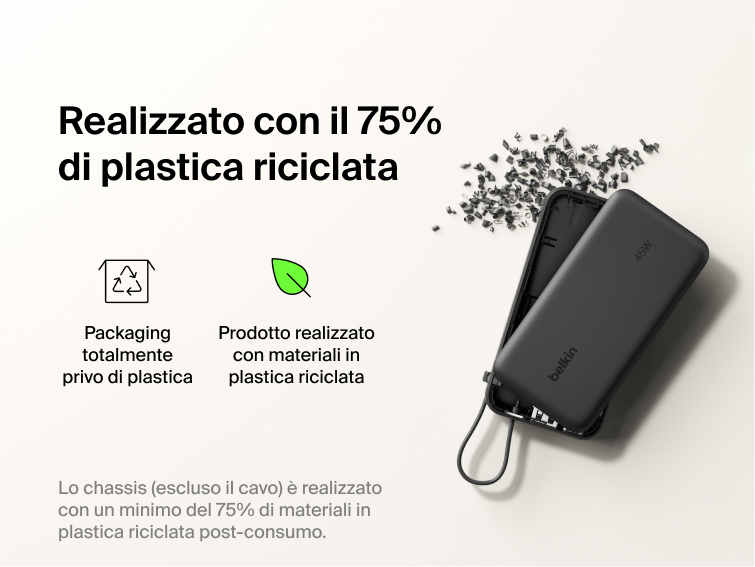 Belkin UltraCharge 10K power bank with integrated USB-C cable and digital display made with 75% recycled plastic and eco-friendly packaging