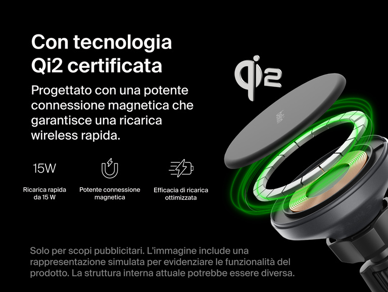 Exploded view of the Belkin BoostCharge Magnetic Wireless Charging Car Vent and Dash Mount highlighting its Qi2-certified 15W fast charging, strong magnetic connection, and optimized charging efficiency.