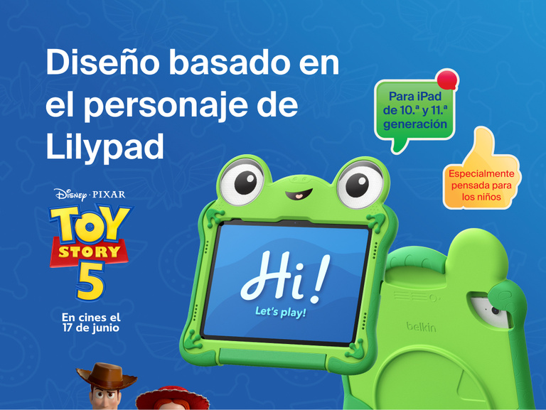 Disney Toy Story 5 Lilypad Case for iPad 10th and 11th Gen with frog-inspired design holding tablet displaying &ldquo;Hi! Let&rsquo;s play!&rdquo; and Toy Story 5 branding with kid-friendly design callout