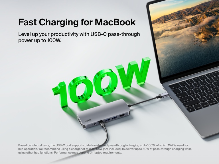 Image showing the Belkin Connect USB-C 7-in-1 Multiport Hub connected to a MacBook, highlighting USB-C pass-through charging capability up to 100W for fast power delivery.