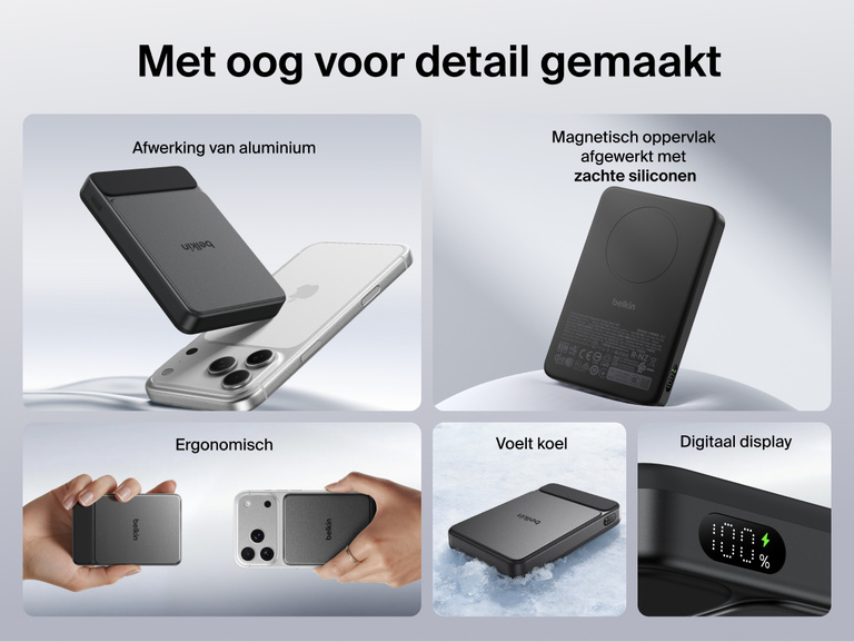 Belkin UltraCharge Slim Magnetic Power Bank 10K demonstrating 25W fast magnetic wireless charging with up to 2x faster performance and rapid iPhone charging times displayed