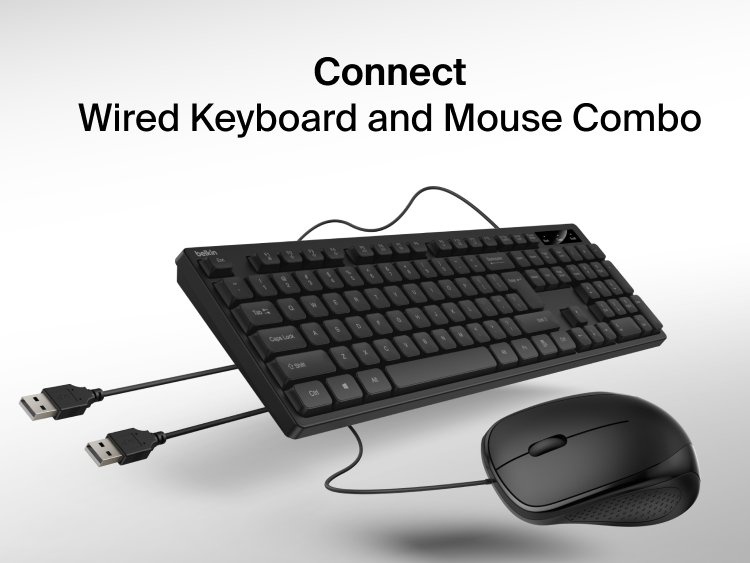 Image of the Belkin Connect Wired Keyboard and Mouse Combo featuring a full-size USB keyboard and wired mouse designed for reliable, plug-and-play computer use.