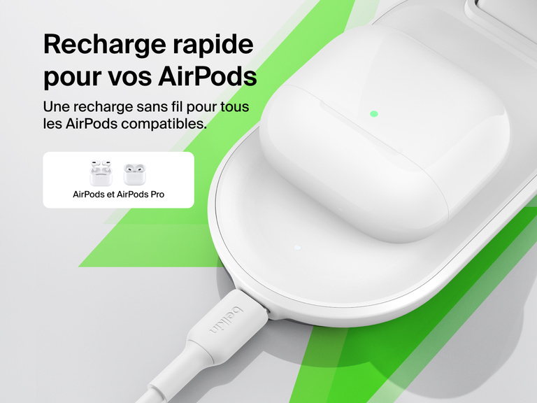 Socle de recharge 3-en-1 aimanté et pliable Belkin UltraCharge avec Qi2 (25 W) offrant une recharge sans fil rapide et fluide pour tous les modèles d’AirPods et d'AirPods Pro compatibles.