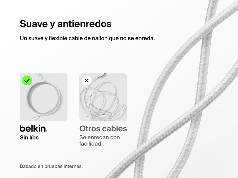 Belkin BoostCharge Pro USB-C to USB-C Braided Cable 240W shown with soft, flexible nylon design that resists tangling compared to standard cables.